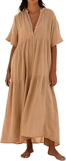 R.Vivimos Womens Summer Cotton Flowy Maxi Dress Short Sleeve V Neck Empire Waist Boho Tiered Ruffle Casual Loose Long Dresses