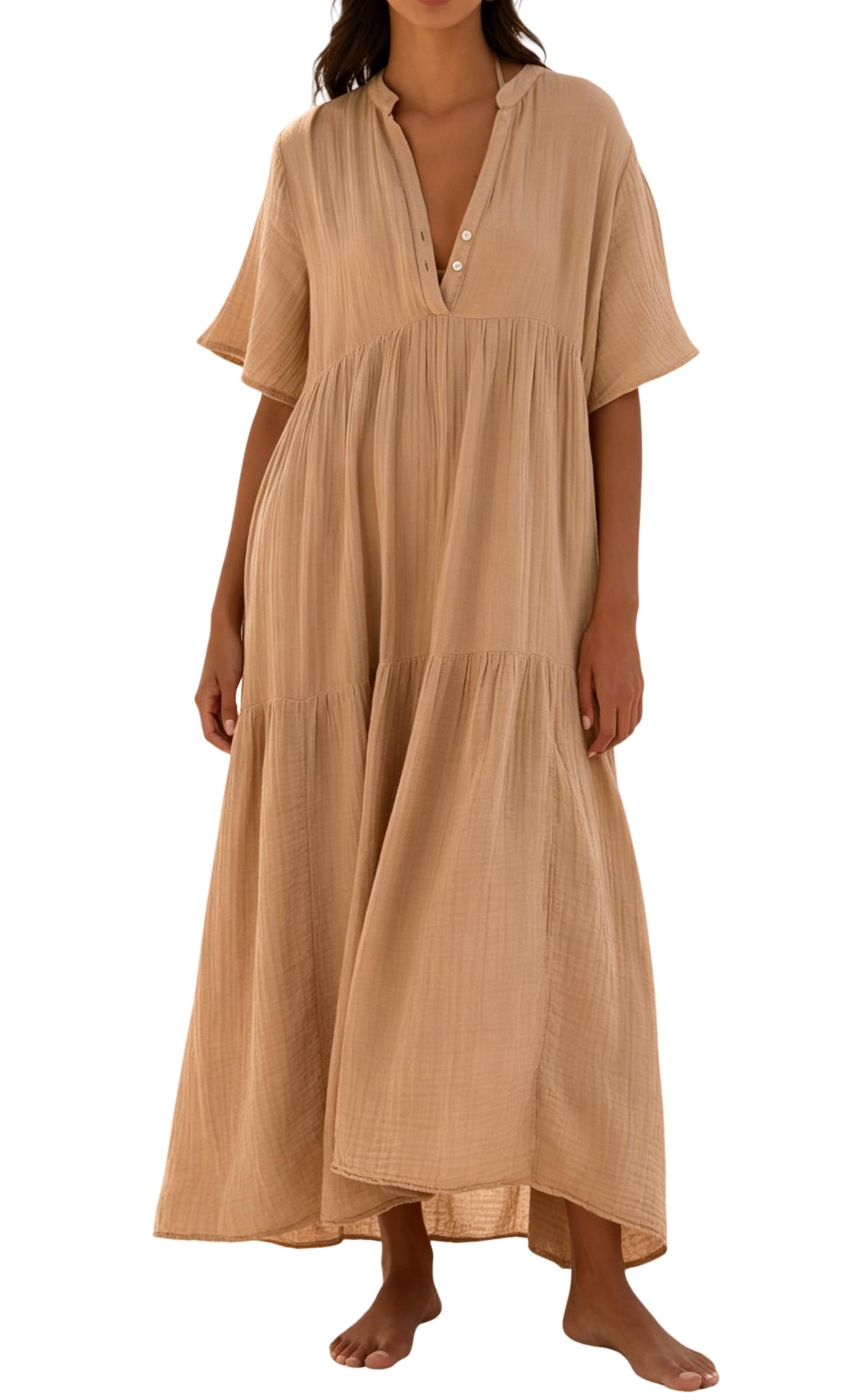 R.Vivimos Womens Summer Cotton Flowy Maxi Dress Short Sleeve V Neck Empire Waist