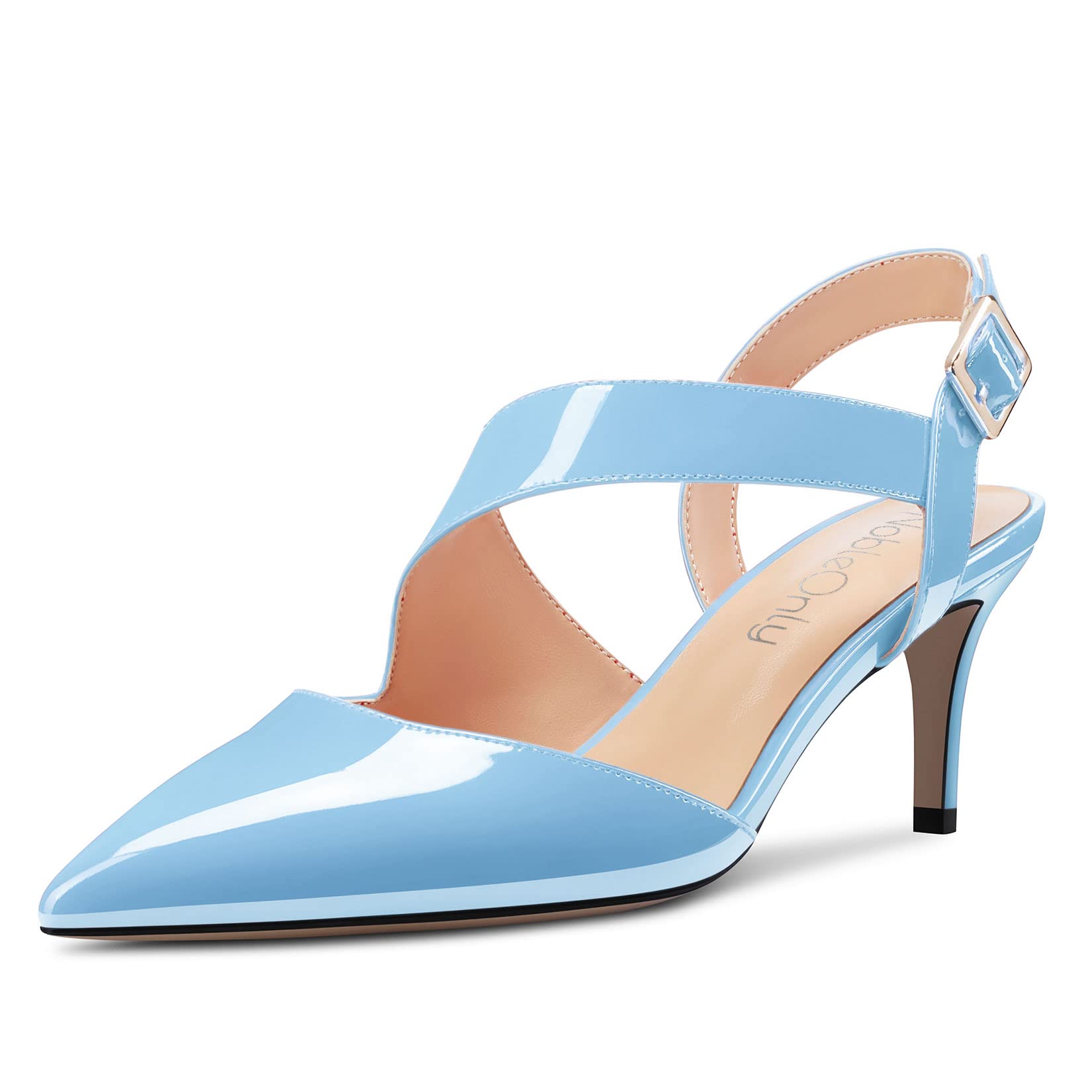 NobleOnly Women's Pointed Toe Mid Heel Sandals Strap Ankle Buckle Closure Dance 