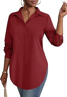 Rooscier Women's Collar V Neck Long Sleeve Slit Side Button Down Long Shirt Blouse Top