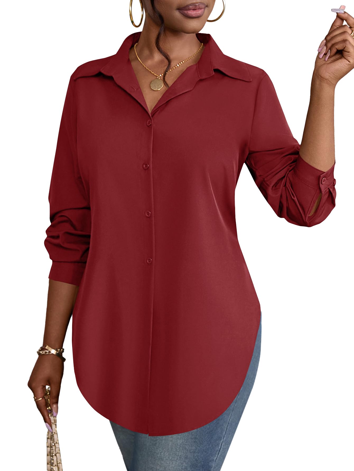Rooscier Women's Collar V Neck Long Sleeve Slit Side Button Down Long Shirt Blou