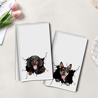 Funny Dog Artistic Kitchen Towel, Super Absorbent Tea Hand Towel, Dish Drying Microfiber Cloth, Waffle Dish Towel for Kitchen Bathroom, Dog Lovers Gifts 2 Pcs 1