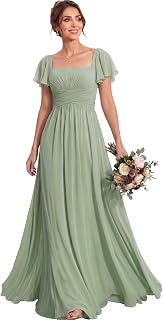MisShow Women's Flutter Sleeves Bridesmaid Dresses Square Neck Chiffon Maxi Dress A Line Formal Evening Gown