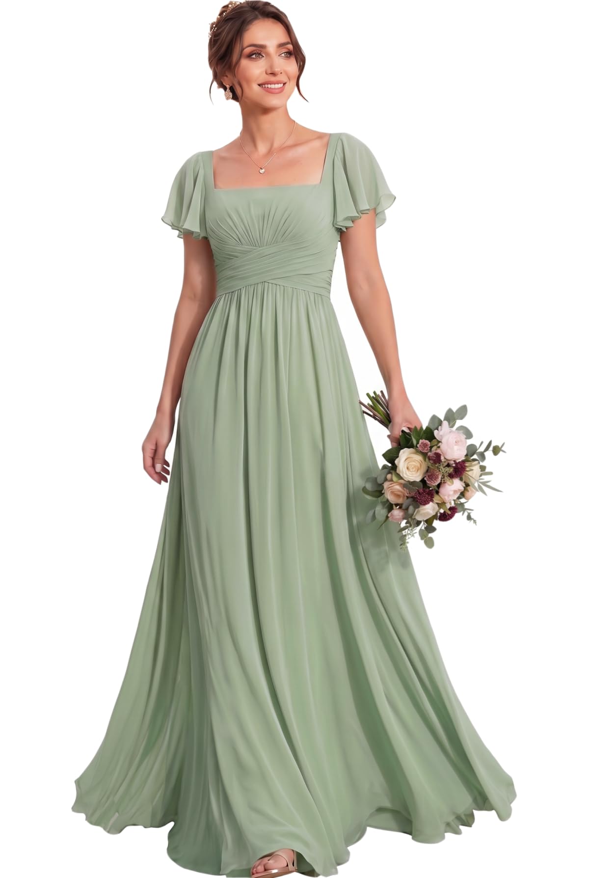 MisShow Women's Flutter Sleeves Bridesmaid Dresses Square Neck Chiffon Maxi Dres
