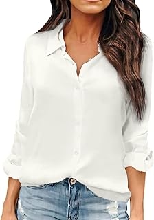 OMSJ Women Button Down Shirts Long Sleeve Chiffon Office V Neck Casual Business Blouses Tops