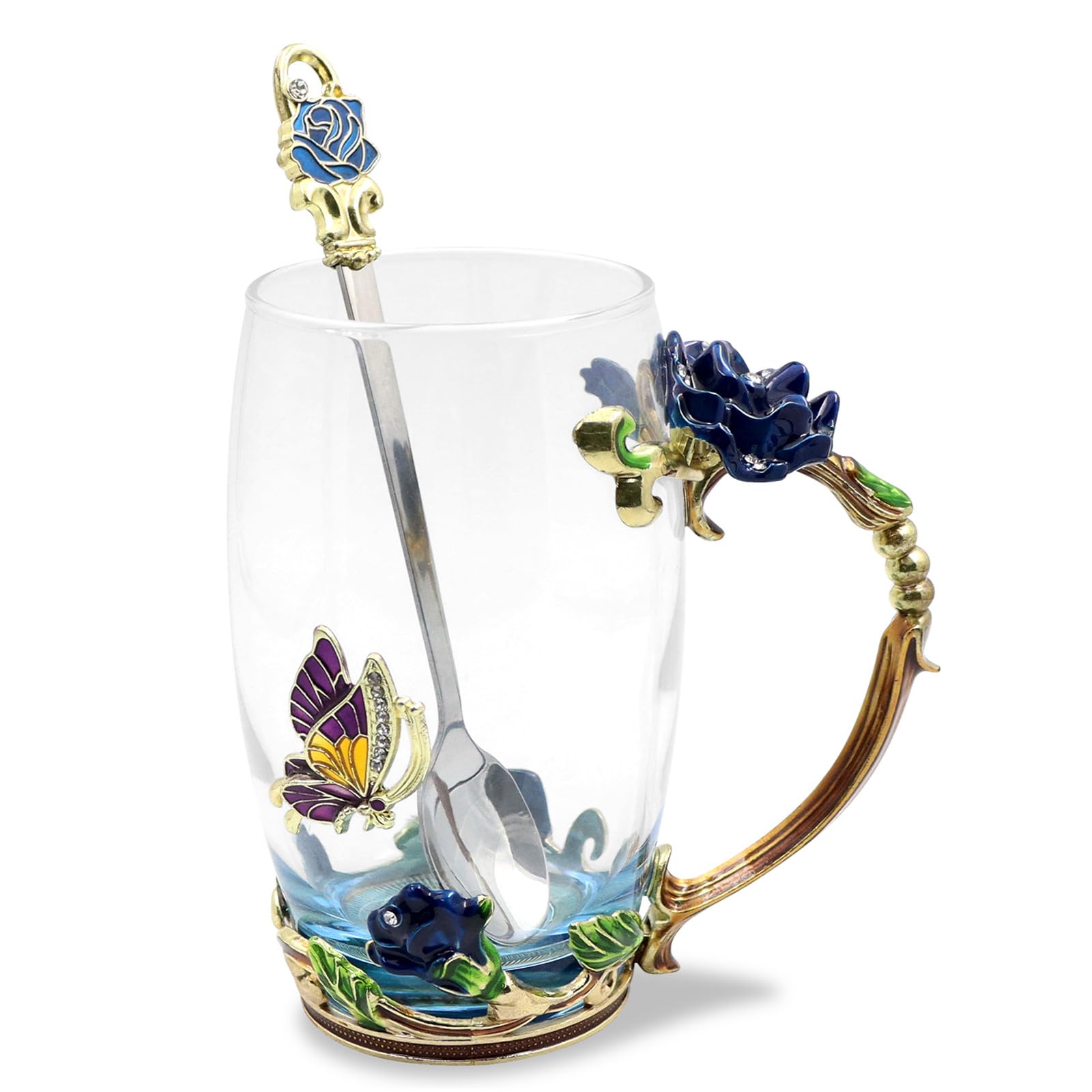 Enamels Butterfly Flower Tea Cup Sets, Glass Coffee Mugs