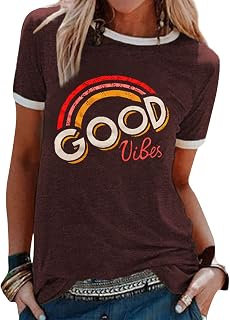 WIEIYM Women's T-Shirts Round Neck Short Sleeve T-Shirt Rainbow Graphic Summer T-Shirts Good Vibes Letter Print T-Shirts Casual Tops