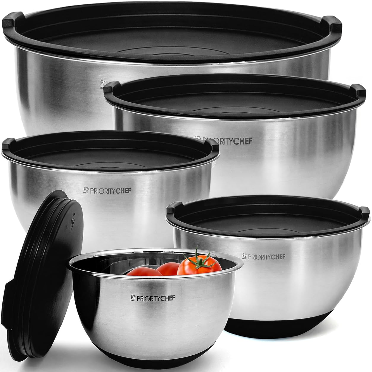 Premium Mixing Bowls with Airtight Lids Set, Thicker Stainless Steel, Black | 1.