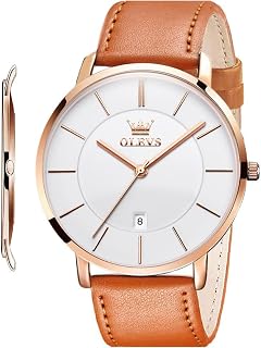 OLEVS Reloj de pulsera para hombre, minimalista, ultrafino, moderno, casual, analógico, de cuarzo, con fecha, impermeable, delgado, simple, grande, con correa de cuero retro para hombre, Correa marrón