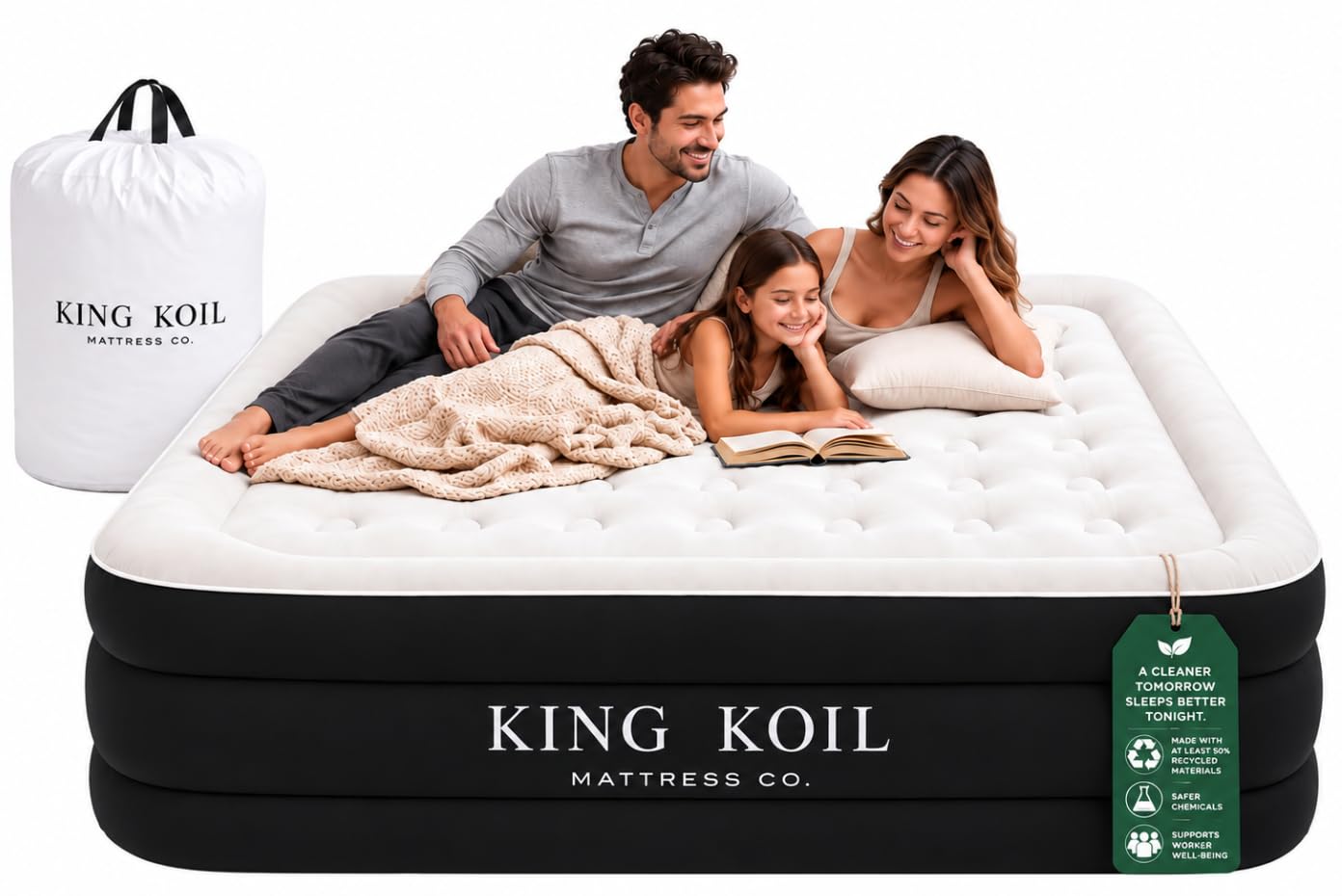 King Koil Air Mattress Queen with Built-in Pump, 20” Raised Airbed | Luxury blow