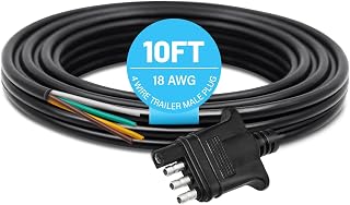 MECMO 4 Way Trailer End Connector Wire 10 Feet Jacketed Cable, Heavy Duty 18AWG 4 Pin Trailer Light Plug Color-Coded Pure Copper, Trailer-Side Male End 4 Flat Connector Trailer Hitch Wiring 10ft