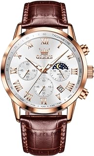 OLEVS Wrist Watches for Men Leather Strap Quartz Classic Casual Business Two Tone Dress Stainless Steel Big Face Waterproof Chronograph Moon Phase Date Analog Mens Watch Luminous Montre Homme