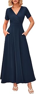 WNEEDU Women's Summer Maxi Dress Wrap Short Sleeve with Pockets
