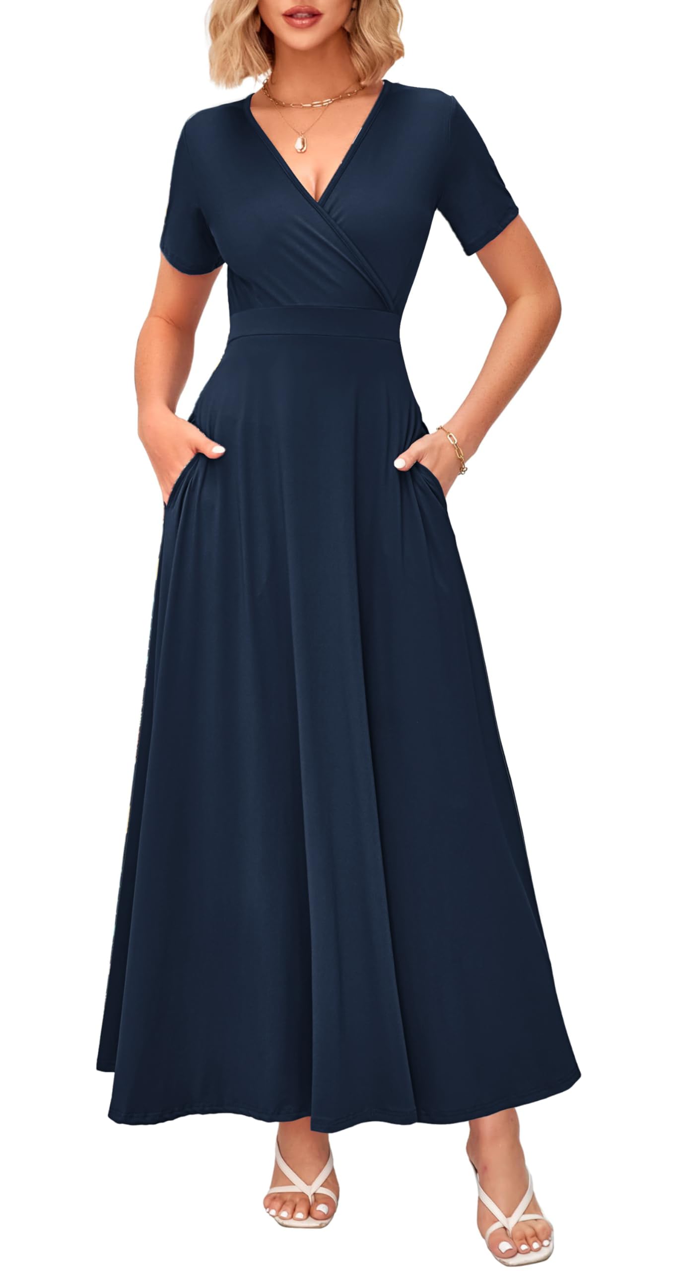 WNEEDU Women's Summer Maxi Dress Wrap Short Sleeve with Pockets