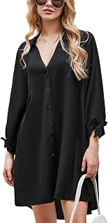 CUPSHE Women's Blouse Dress V Neck Long Sleeve Loose Shirt Dress Button Front Casual Dresses Bikini Cover Up Beach Dress