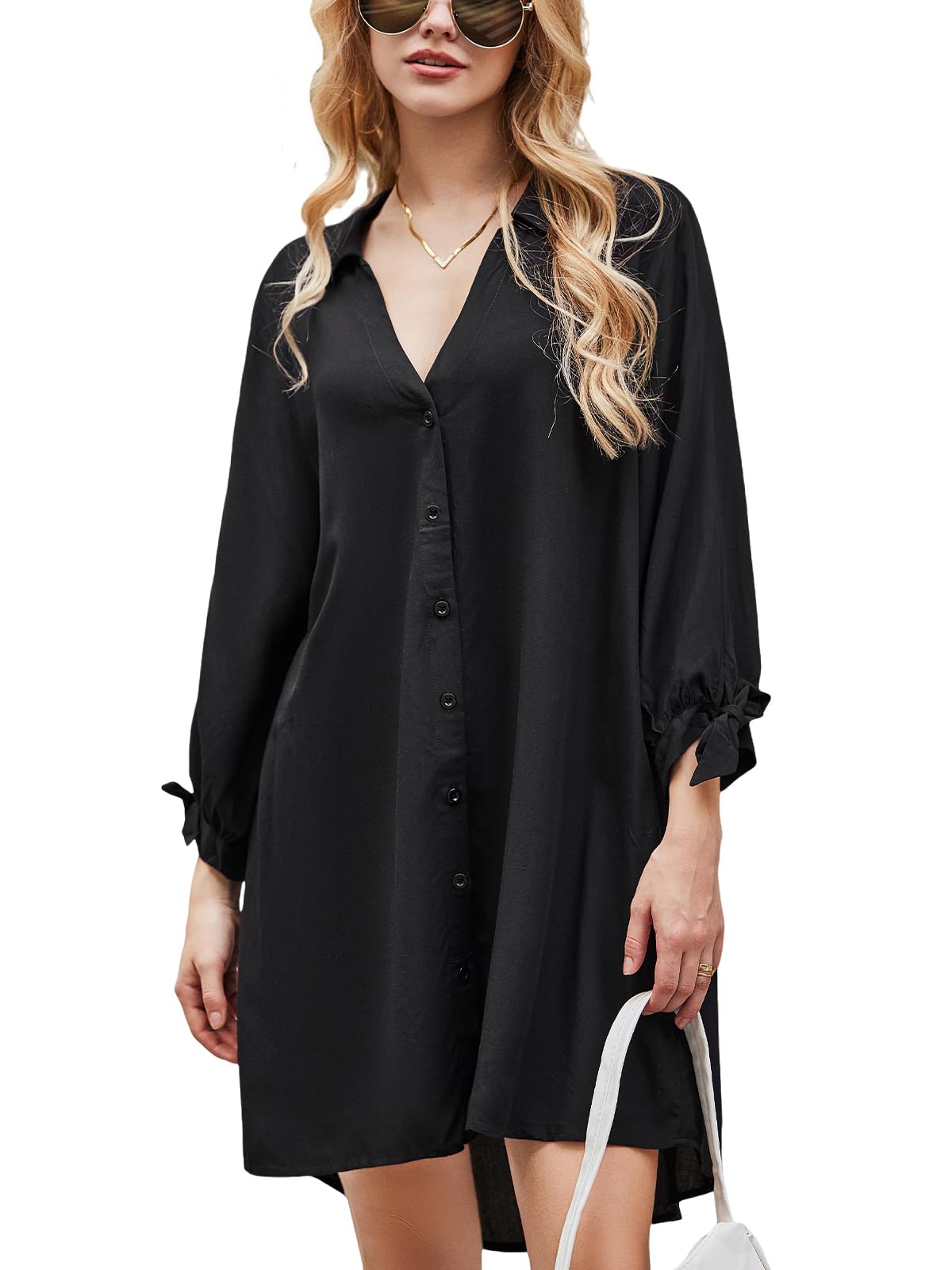 CUPSHE Women's Blouse Dress V Neck Long Sleeve Loose Shirt Dress Button Front Ca