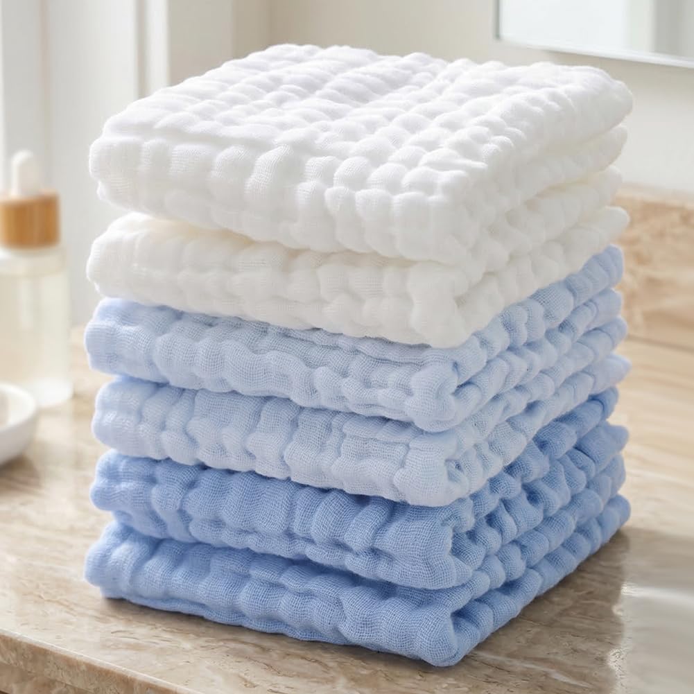 6 Cotton Cloths, 12 x 12 Inches, Soft Face Towels and Bath Towels Absorbent and 