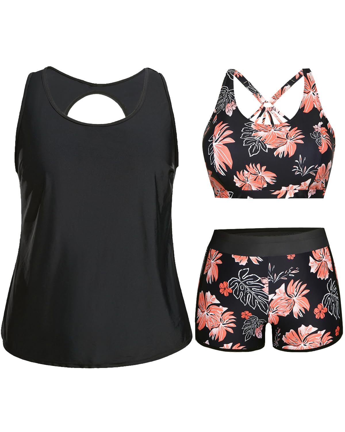 Holipick Women's Plus Size 3 Piece Tankini Swimsuit Athletic Swimwear with Short