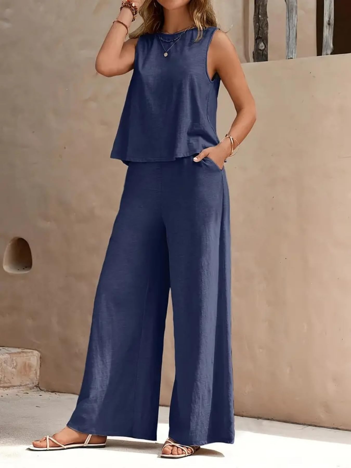 Women's 2 Piece Lounge Set Crew Neck Sleeveless Tank Top Wide Leg Pants Summer C