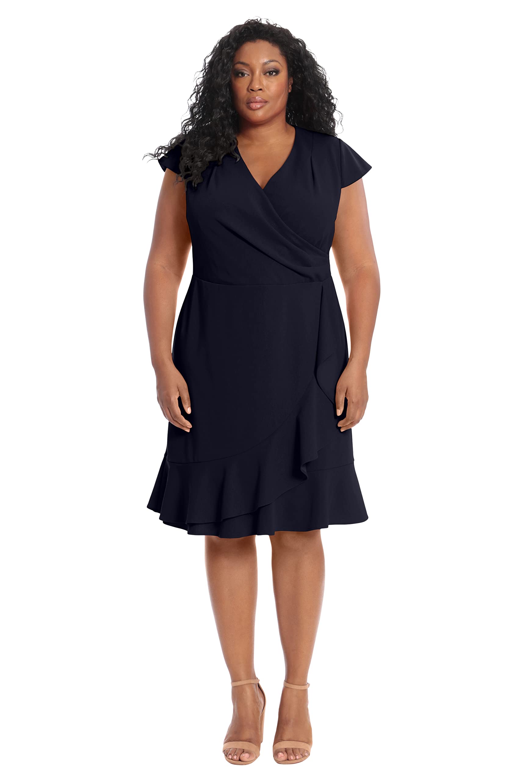 London Times Womens Feminine Ageless Surplice V-Neck Faux Wrap Ruffle Dress Offi