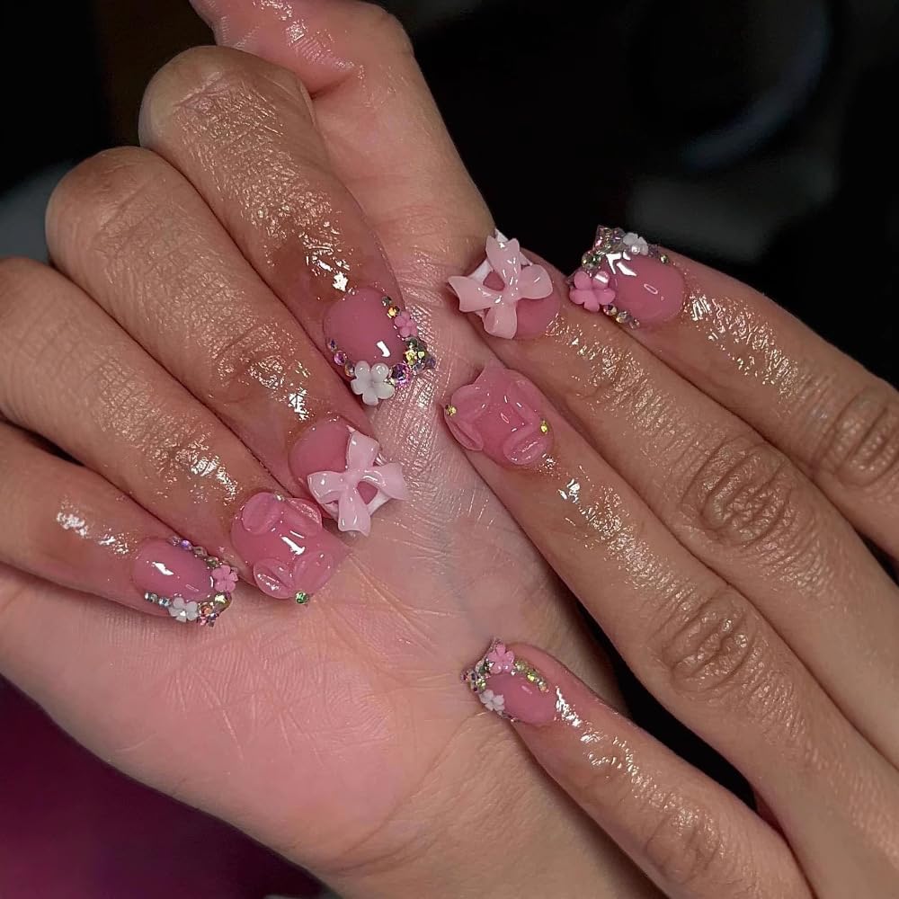 24pcs Pink Short Square False Nails French Press Nails 3D Ribbon & Flowers Gloss