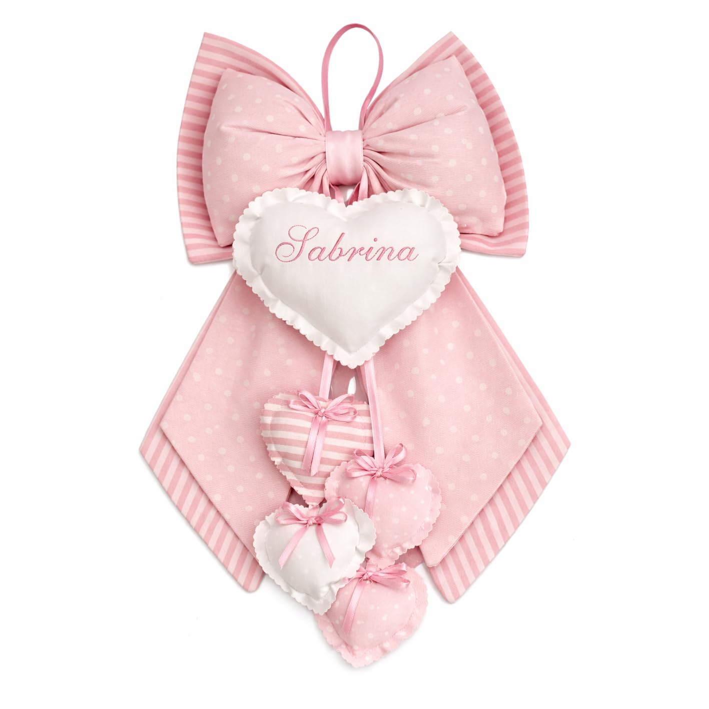 Fiocco Nascita personalizzato con nome sul cuore. Dimensione 52 x 35 cm. (Pois-R