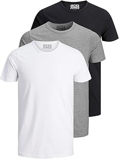 JACK & JONES Pack of 3 Men's Basic T-Shirt with Crew Neck Plain Slim Fit in White Black Blue Grey 12167630