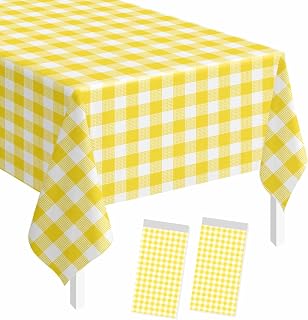 SietDESEO 2 Pack Yellow Gingham Tablecloth Rectangle 54 x 108 Yellow and White Checkered Table Cloth Disposable Plaid Table Cover Plastic for Birthday Baby Shower Picnic Wedding Party Supplies