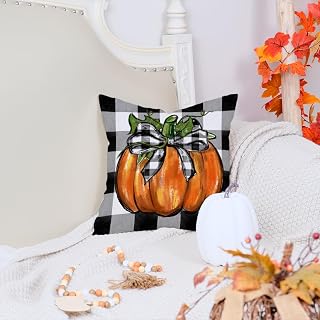 LAA166-18 Autumn Cushion Cover 18x18 Inch Buffalo Plaid Orange Pumpkin Decoration Holiday Farmhouse Autumn Thanksgiving Pillowcase for Sofa Decoration