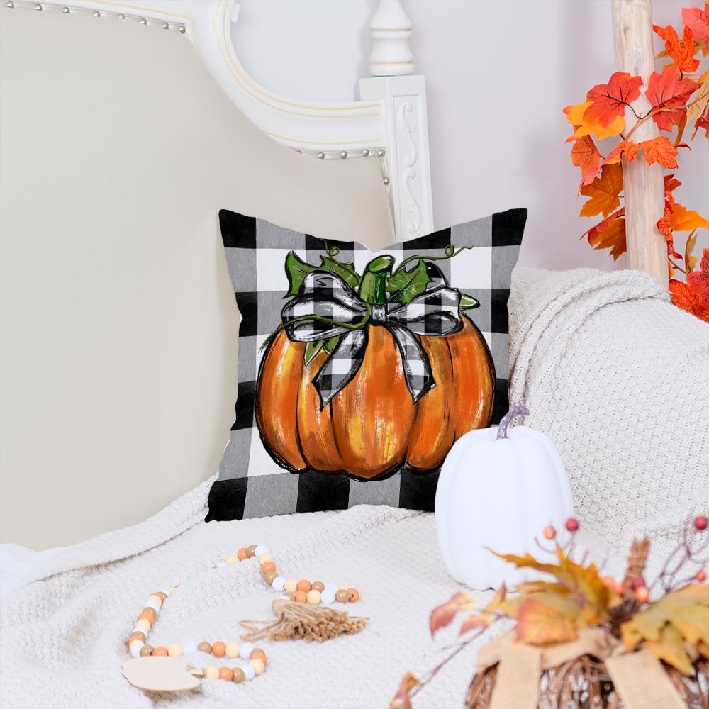 LAA166-18 Autumn Cushion Cover 18x18 Inch Buffalo Plaid Orange Pumpkin Decoratio