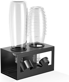 HOMMAND Bottle Holder for SodaStream Crystal and Emil Bottles, Stainless Steel Bottle Holder, Draining Rack for 2 Bottles, with Silicone Protective Rings, Drip Tray and Lid Holder, Black