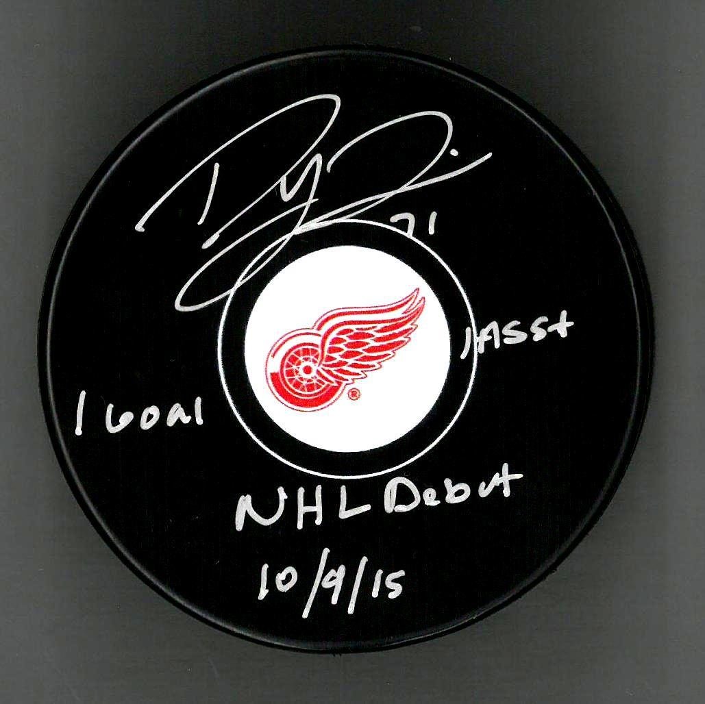 DYLAN LARKIN AUTOGRAPHED DETROIT RED WINGS SOUVENIR PUCK INSCRIBED 1ST GAME