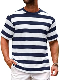 Men's Short Sleeve Striped Casual Crew Neck Basic Shirt Color Block Stretch Summer Beach Tees
