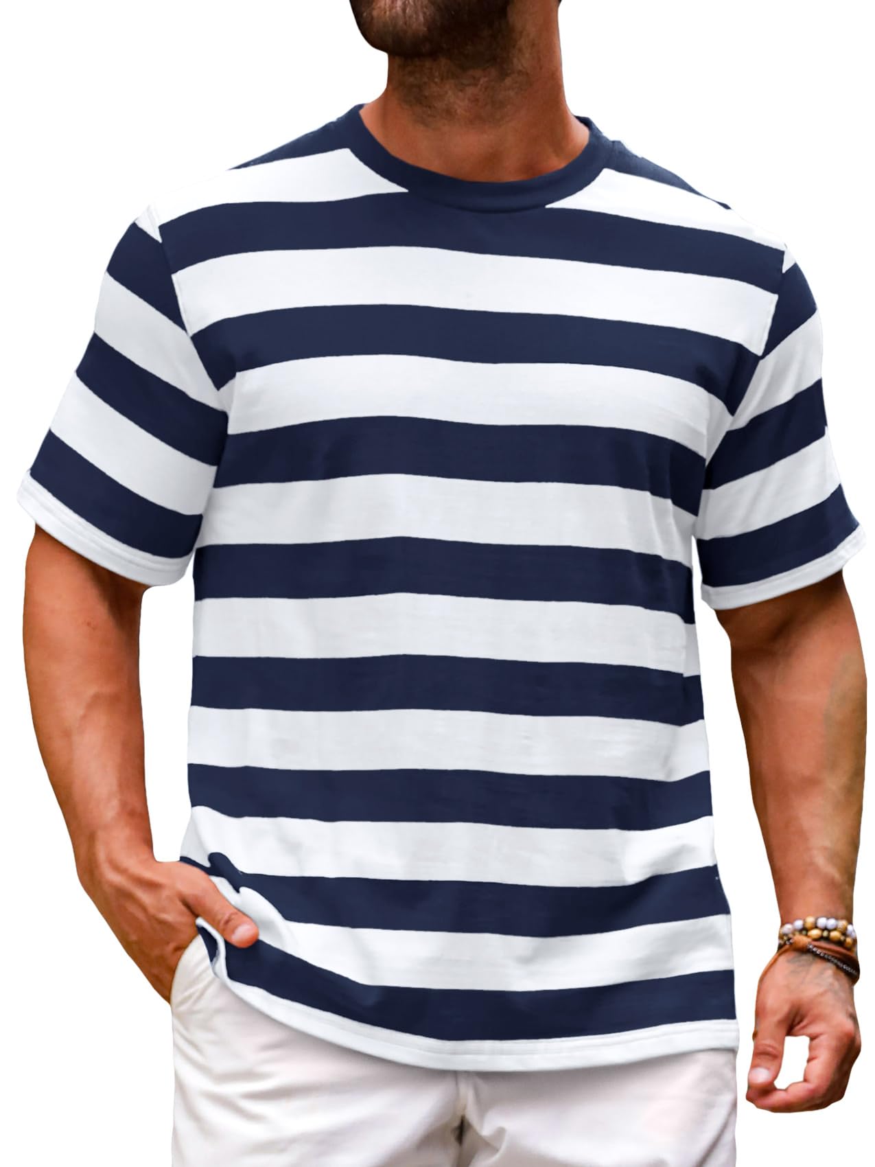 Men's Short Sleeve Striped Casual Crew Neck Basic Shirt Color Block Stretch Summ