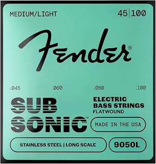 Fender SubSonic 9050L Flatwound Bass Strings, Light 45-100 | Stainless steel flatwound bass strings, jazz-ready mellow tone, smooth feel, low finger noise, light gauge 45-100