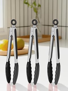 Mini Silicone Kitchen Tongs for Cooking, 7 Inch Small Serving Tongs with Silicone Tips, Set of 3 (Black)