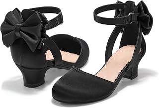 Coutgo Girls Dress Shoes Flower Girl Shoes with Cute Bow Closed Toe Chunky Heel Satin Wedding Party Pumps