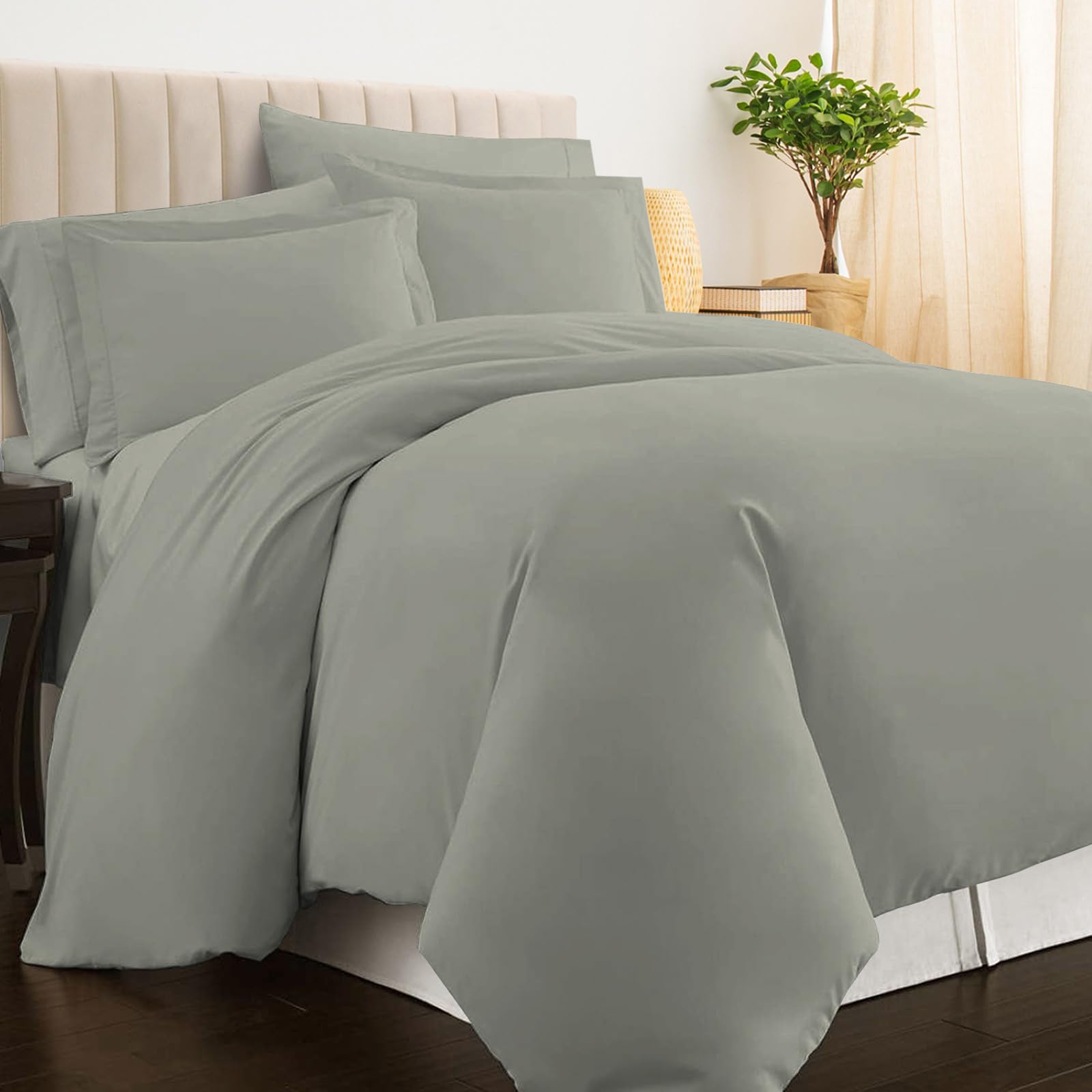PIZUNA 100% Cotton Super King Duvet Cover Set Silver, 400 Thread Count Long Stap