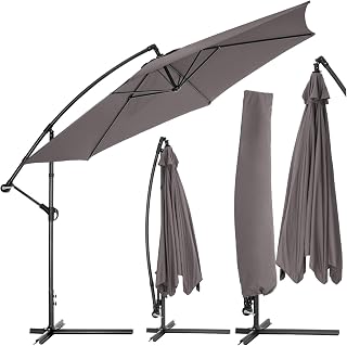 tectake Parasol with Stand, Diameter 350 cm, Sun Protection for Balcony, Garden and Patio with Protective Cover, Large Cantilever Parasol with Crank Rope System, Umbrella with Sturdy Frame, Grey