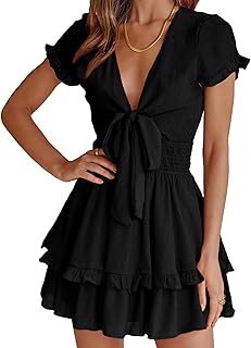 PRETTYGARDEN Women's 2023 Summer Swing Mini Dress Tie Front V Neck Short Sleeve Ruffle Layer A-line Short Dress