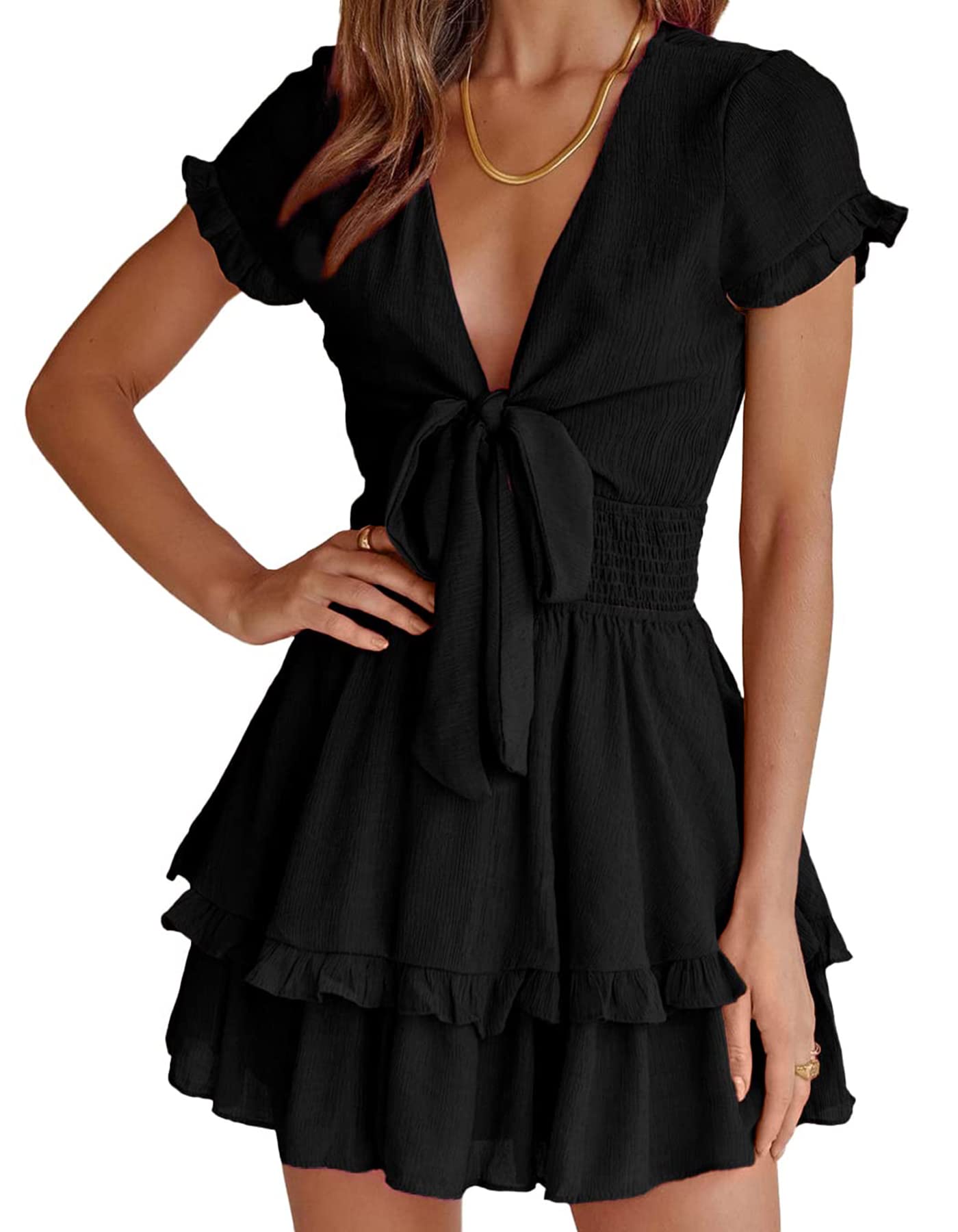 PRETTYGARDEN Women's 2023 Summer Swing Mini Dress Tie Front V Neck Short Sleeve 
