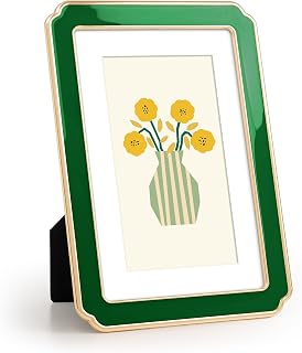 RICHFOCUS 4x6 Enamel Picture Frame with HD-Tempered Glass, Display 3x5 Photo with Mat, Ornate Photo Frame with Metal Edge & Velvet Back for Tabletop & Wall Mount Vertically or Horizontally, Green