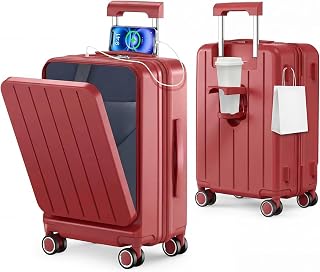 BARGOHOY Suitcase, Extendable Function, Front Opening, Carry-On Compatible, Carry Case, Ultra Lightweight, Large Capacity, Multi-Function, With USB Port, Cup Holder, Hidden Hook, Zipper Type, Silent