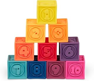 B. toys, One Two Squeeze Soft Building Blocks, 10 Pack, Blocks - 1, Baby | 10 soft blocks with numbers, shapes, colors, and animals; textured block play with reusable bag, Blocks - 1, Baby; 6+ Months