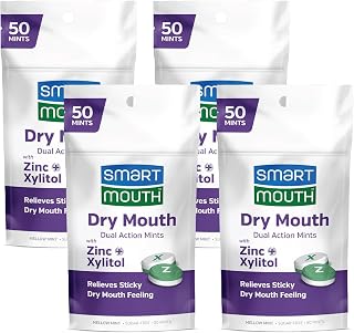 SmartMouth Dry Mouth Dual-Action Mints - Sugar-Free for Dry Mouth Support - with Zinc & Xylitol - Travel-Friendly Packaging for On-the-Go Oral Care - Mellow Mint - 50 Count, 4-Pack