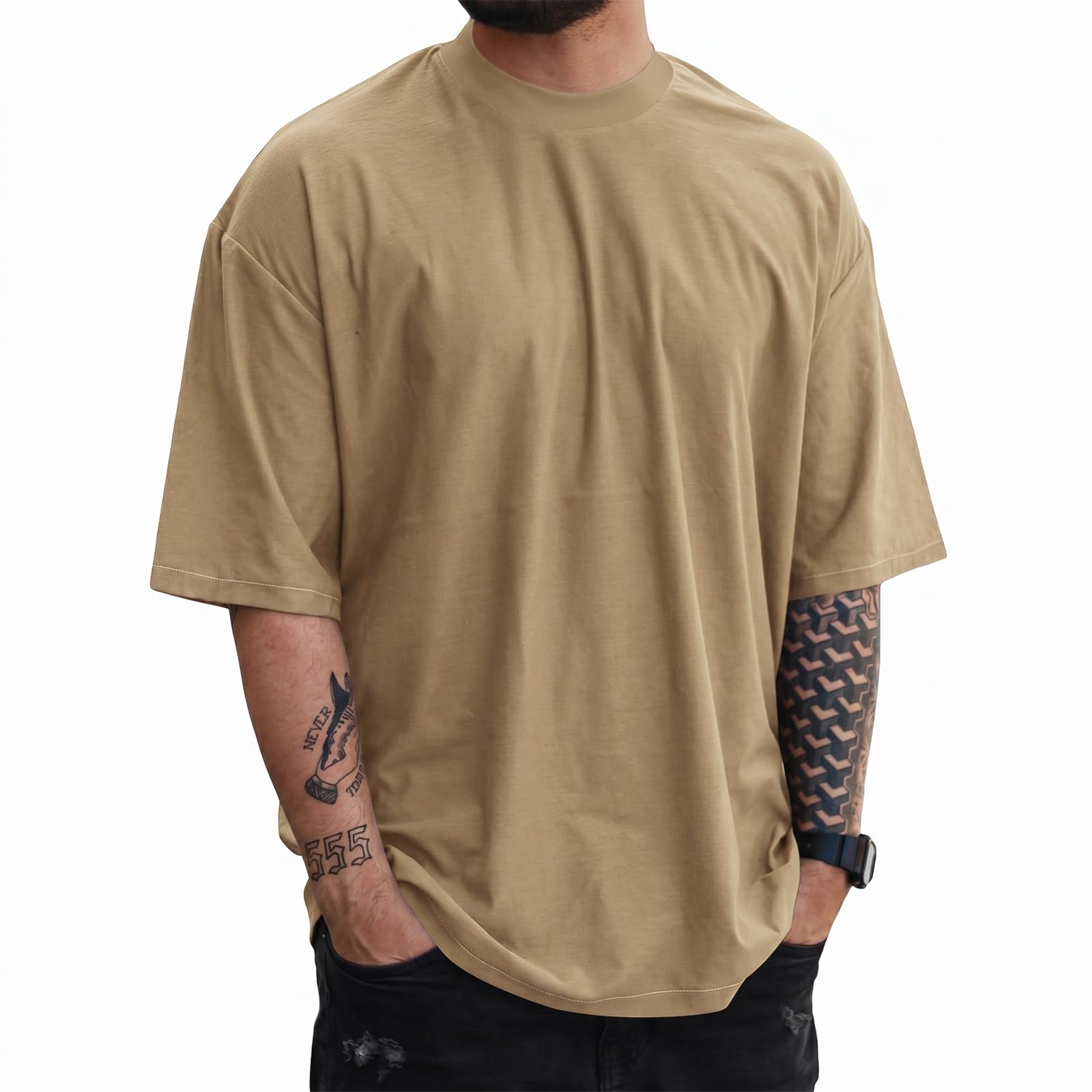 Mens Oversize Short Sleeve Tshirts Workout Drop Shoulder Relaxed Fit Tees