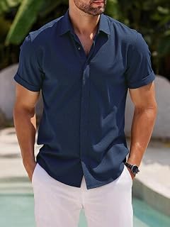 Mens Button Down Short Sleeve Shirt V Neck Casual Solid Color Summer