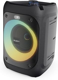 Majority P100 Bluetooth Party Speaker, 50W, Portable, LED Party Lights, Black, Karaoke Microphone Included, Indoor/Outdoor Use, Battery Powered, Single Unit, 3.5mm RCA, USB/SD Card