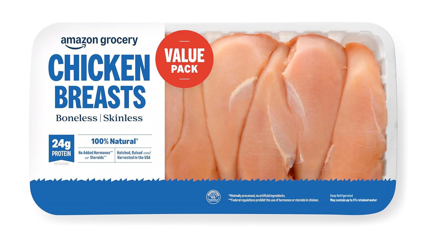 Amazon Grocery, Chicken Breast Fillets Value Pack, Boneless Skinless, 100% Natur