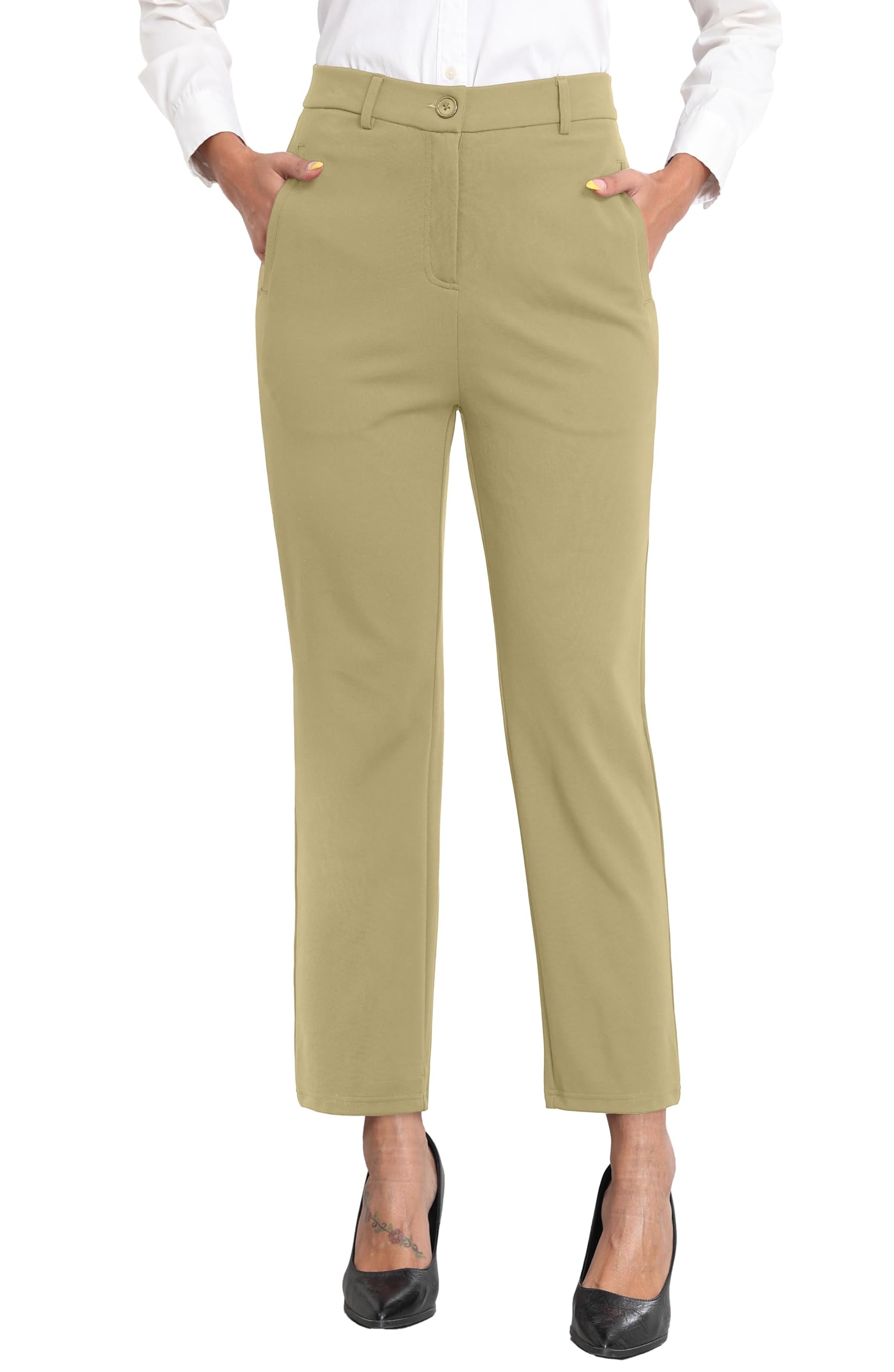 GRECERELLE Women's Work Trousers Elegant Stretch Waist Straight Leg Casual Yoga 
